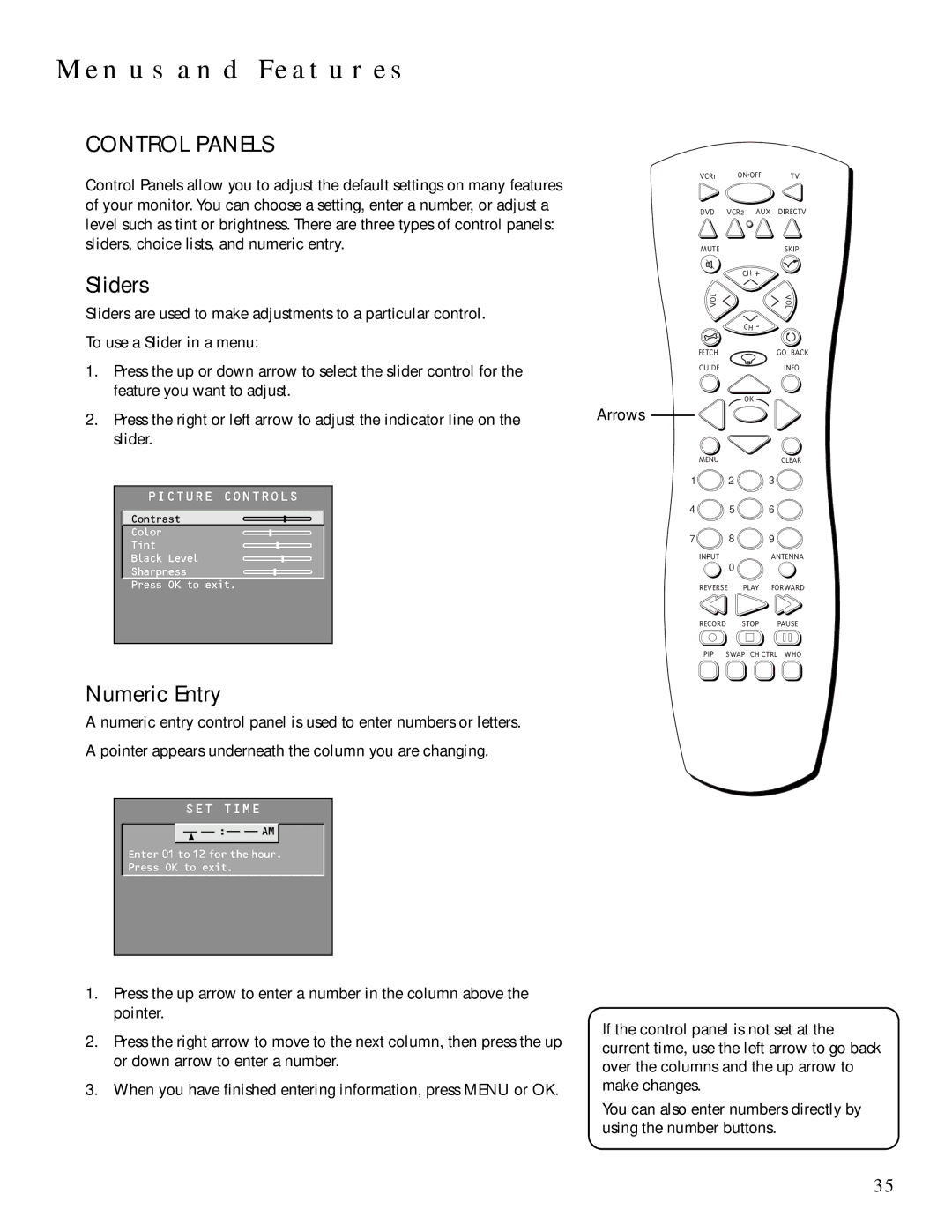 Technicolor - Thomson MULTIMEDIA MONITOR user manual Control Panels, Sliders, Numeric Entry 