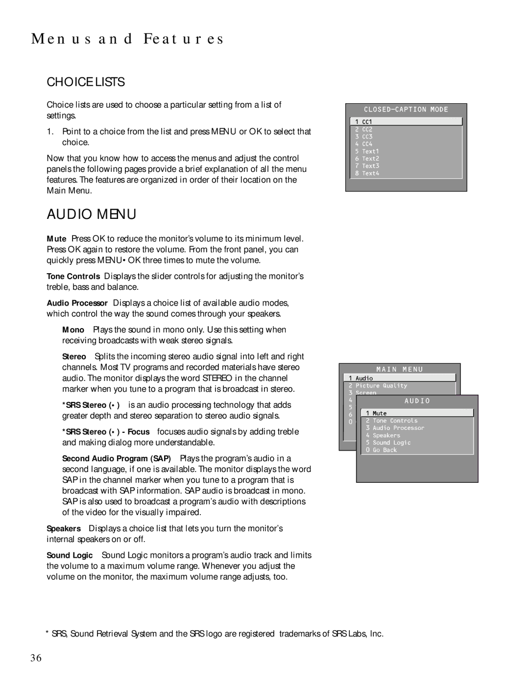 Technicolor - Thomson MULTIMEDIA MONITOR user manual Audio Menu, Choice Lists 