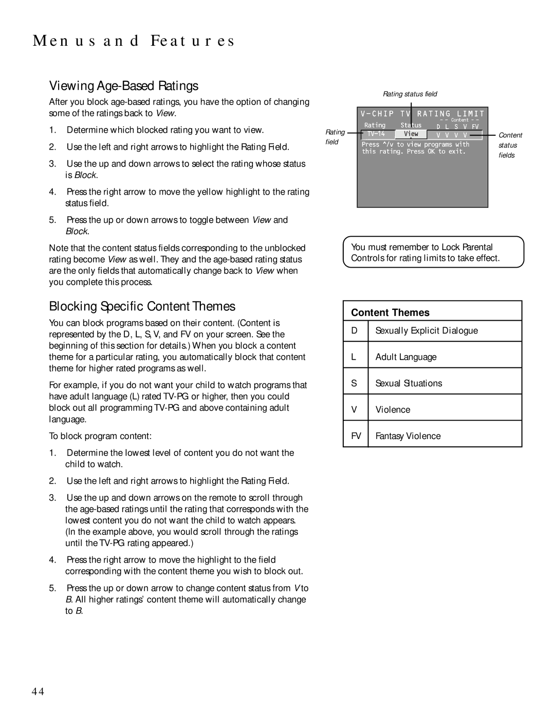 Technicolor - Thomson MULTIMEDIA MONITOR user manual Viewing Age-Based Ratings, Blocking Specific Content Themes 