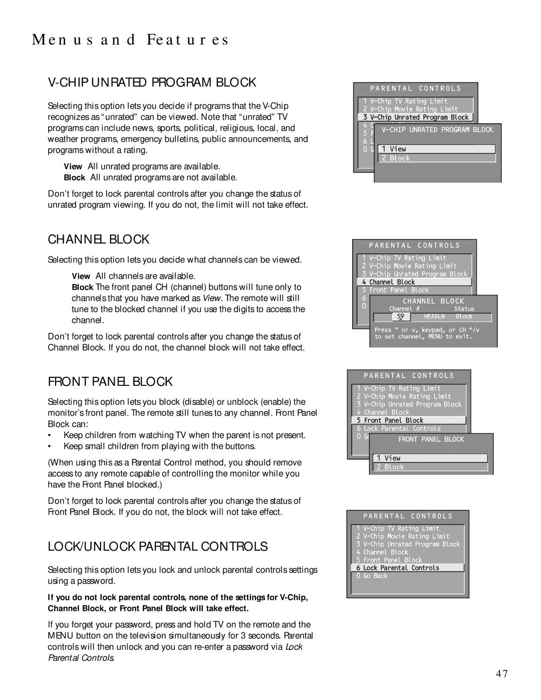 Technicolor - Thomson MULTIMEDIA MONITOR user manual Chip Unrated Program Block, Channel Block, Front Panel Block 