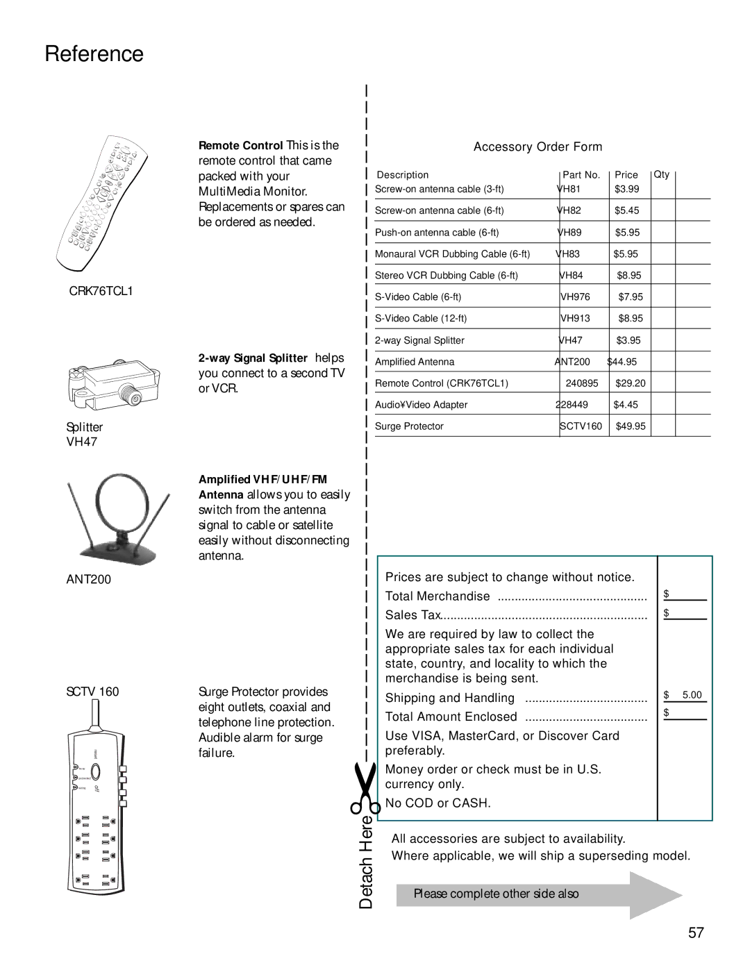 Technicolor - Thomson MULTIMEDIA MONITOR user manual Detach, Accessory Order Form 