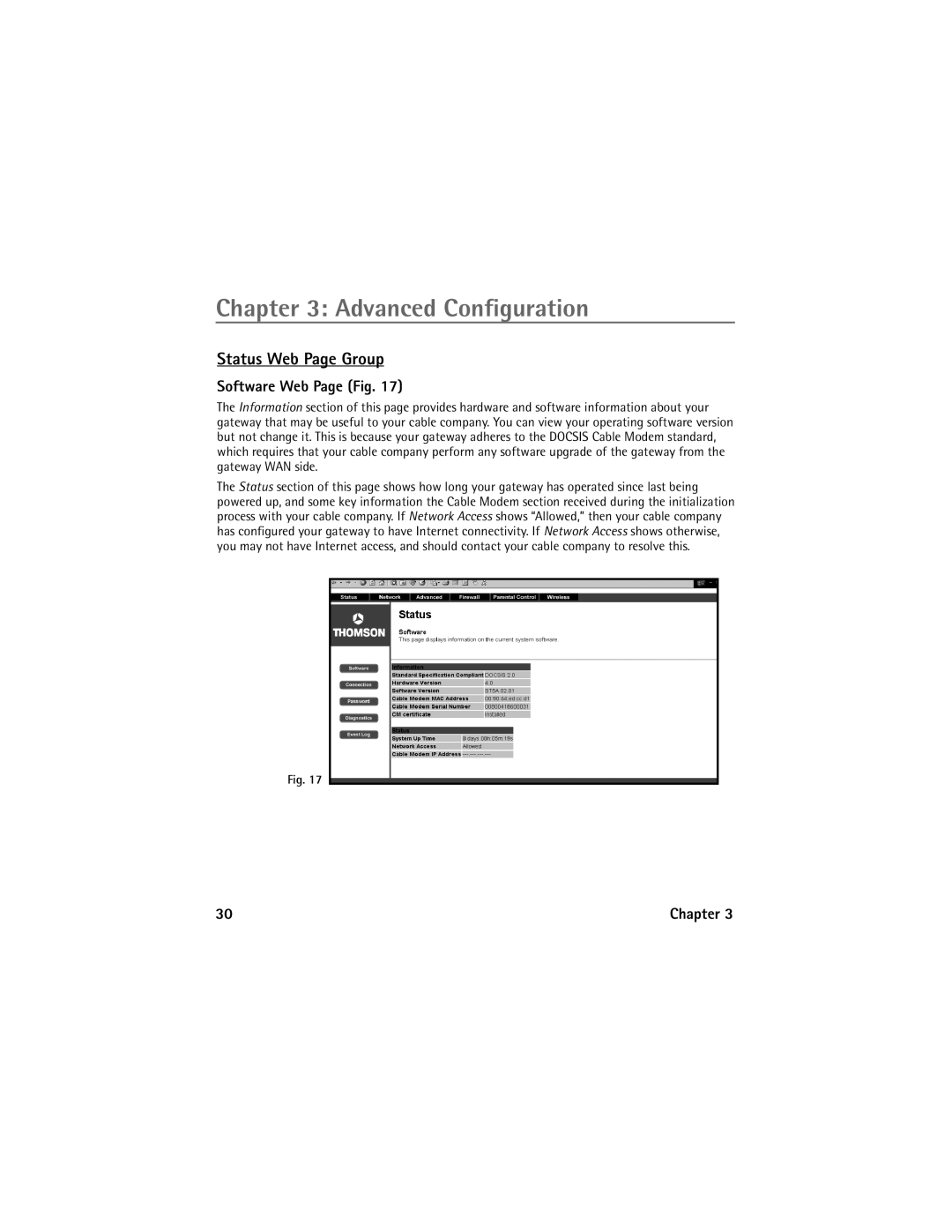 Technicolor - Thomson Network Router manual Status Web Page Group, Software Web Page Fig 