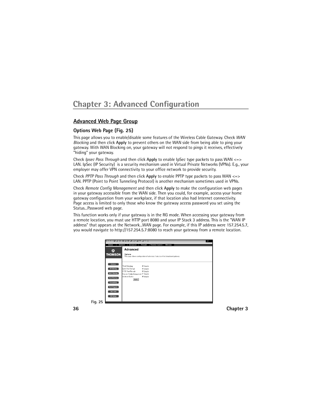 Technicolor - Thomson Network Router manual Advanced Web Page Group, Options Web Page Fig 