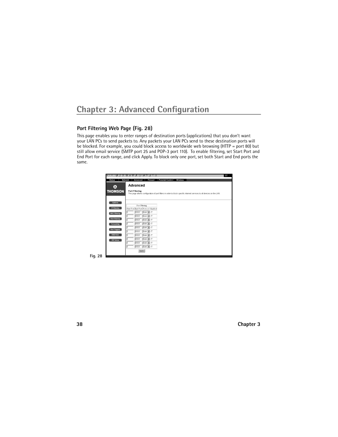 Technicolor - Thomson Network Router manual Port Filtering Web Page Fig 