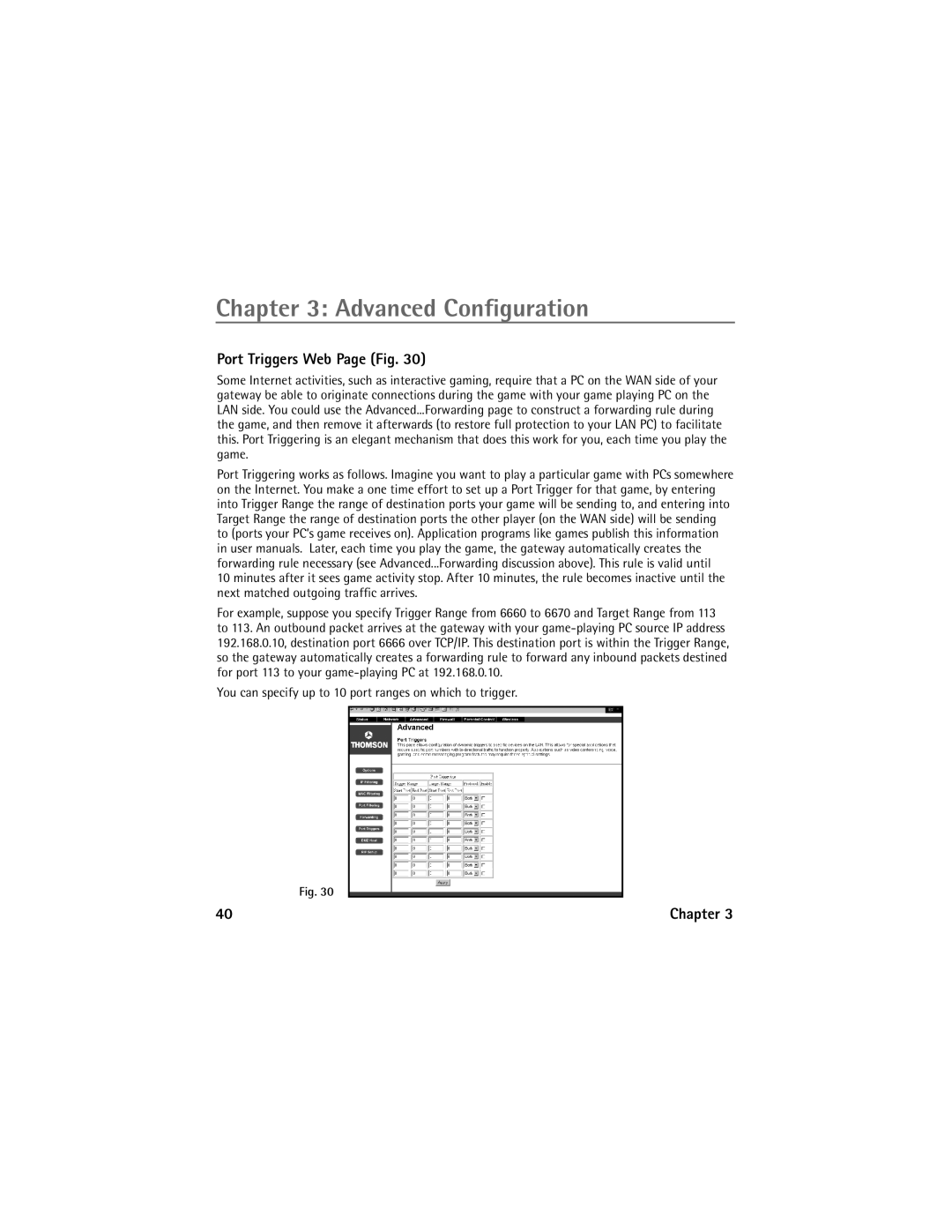 Technicolor - Thomson Network Router manual Port Triggers Web Page Fig 