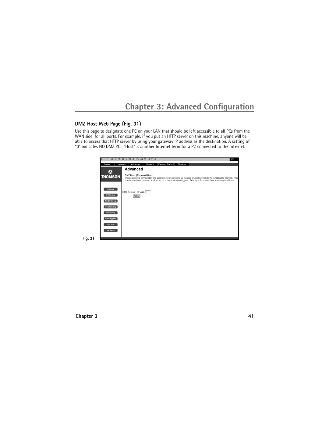 Technicolor - Thomson Network Router manual DMZ Host Web Page Fig 