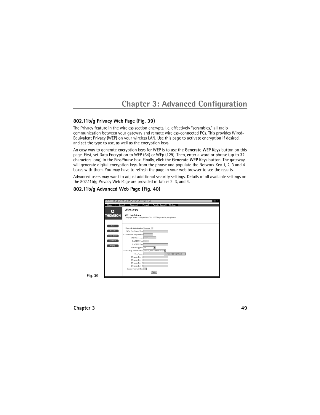 Technicolor - Thomson Network Router manual 802.11b/g Privacy Web Page Fig, 802.11b/g Advanced Web Page Fig Chapter 