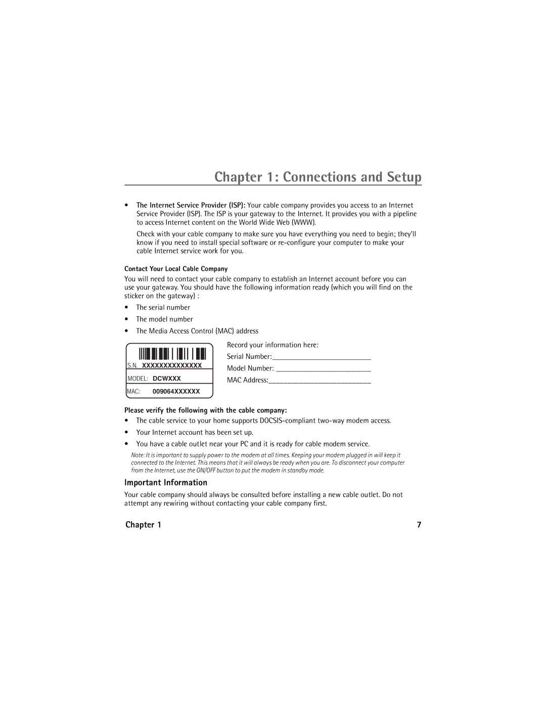 Technicolor - Thomson Network Router manual Important Information, Contact Your Local Cable Company 