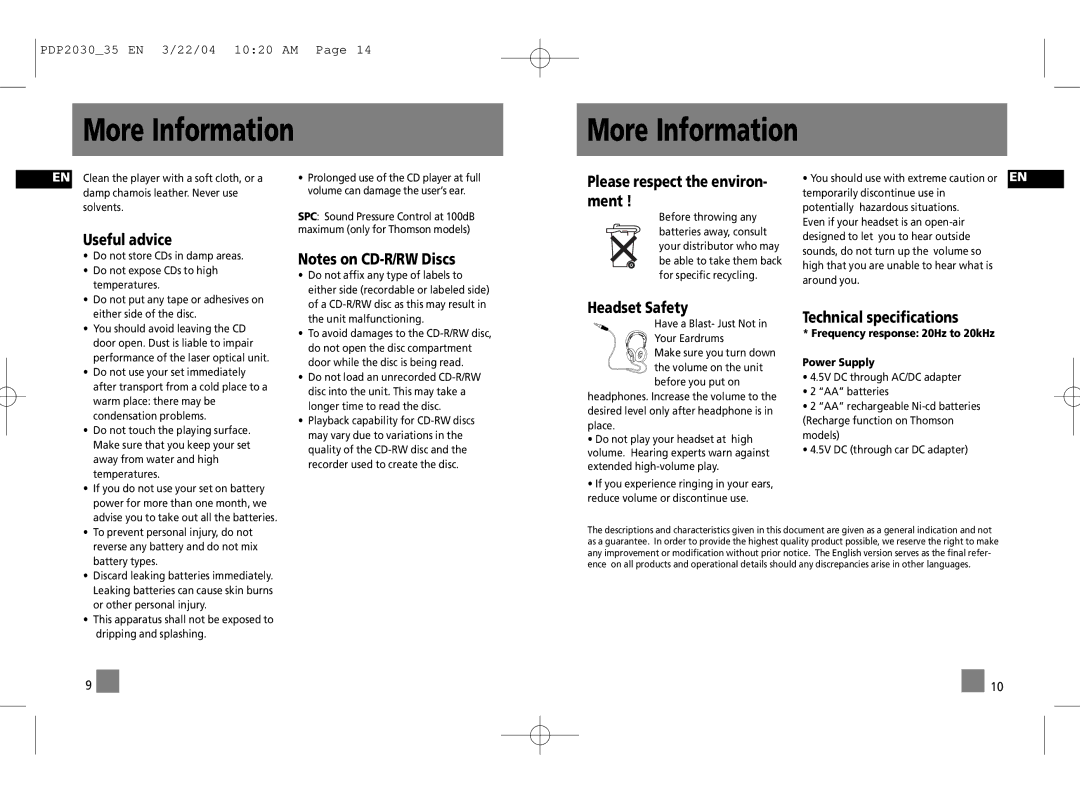 Technicolor - Thomson PDP2030, PDP2035 More Information, Useful advice, Please respect the environ- ment, Headset Safety 