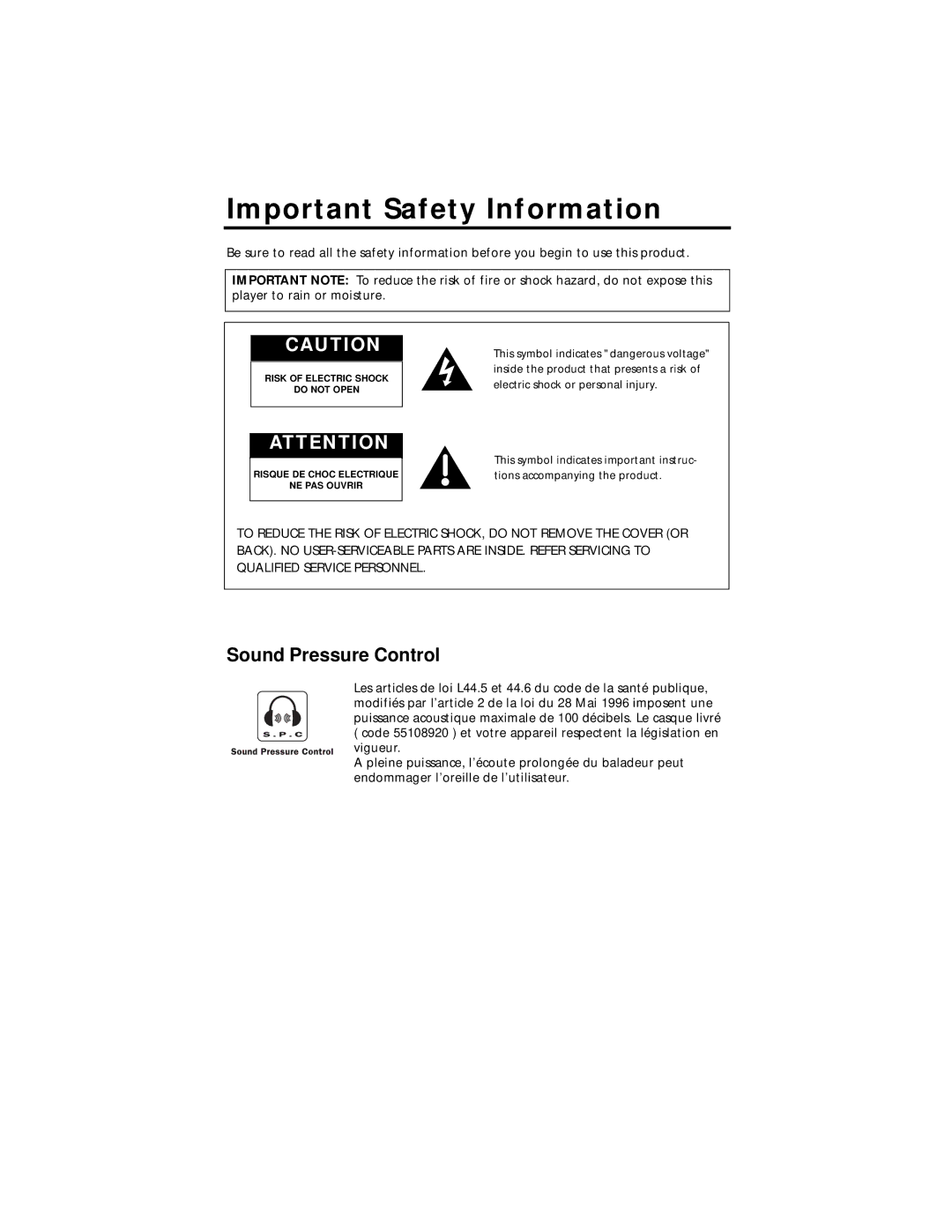 Technicolor - Thomson PDP2211 manual Important Safety Information, Sound Pressure Control 