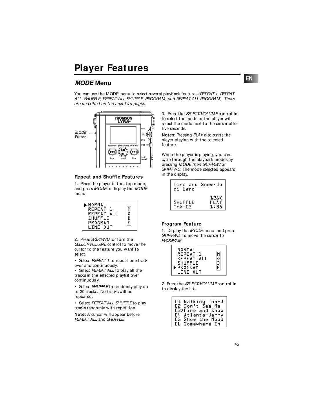 Technicolor - Thomson PDP2211 manual Repeat and Shuffle Features, Program Feature 