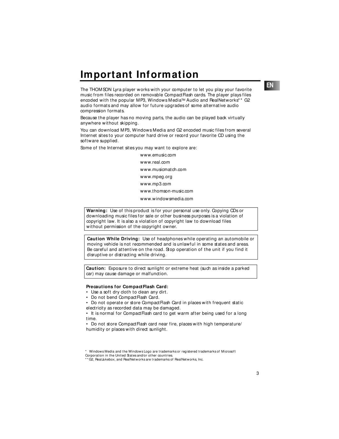 Technicolor - Thomson PDP2211 manual Important Information, Precautions for CompactFlash Card 