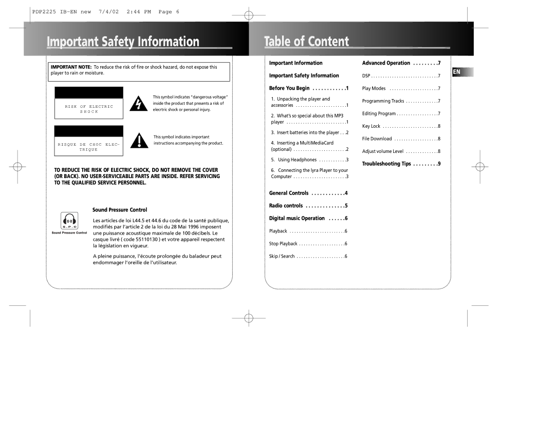 Technicolor - Thomson PDP2225 manual Important Safety Information, Table of Content 