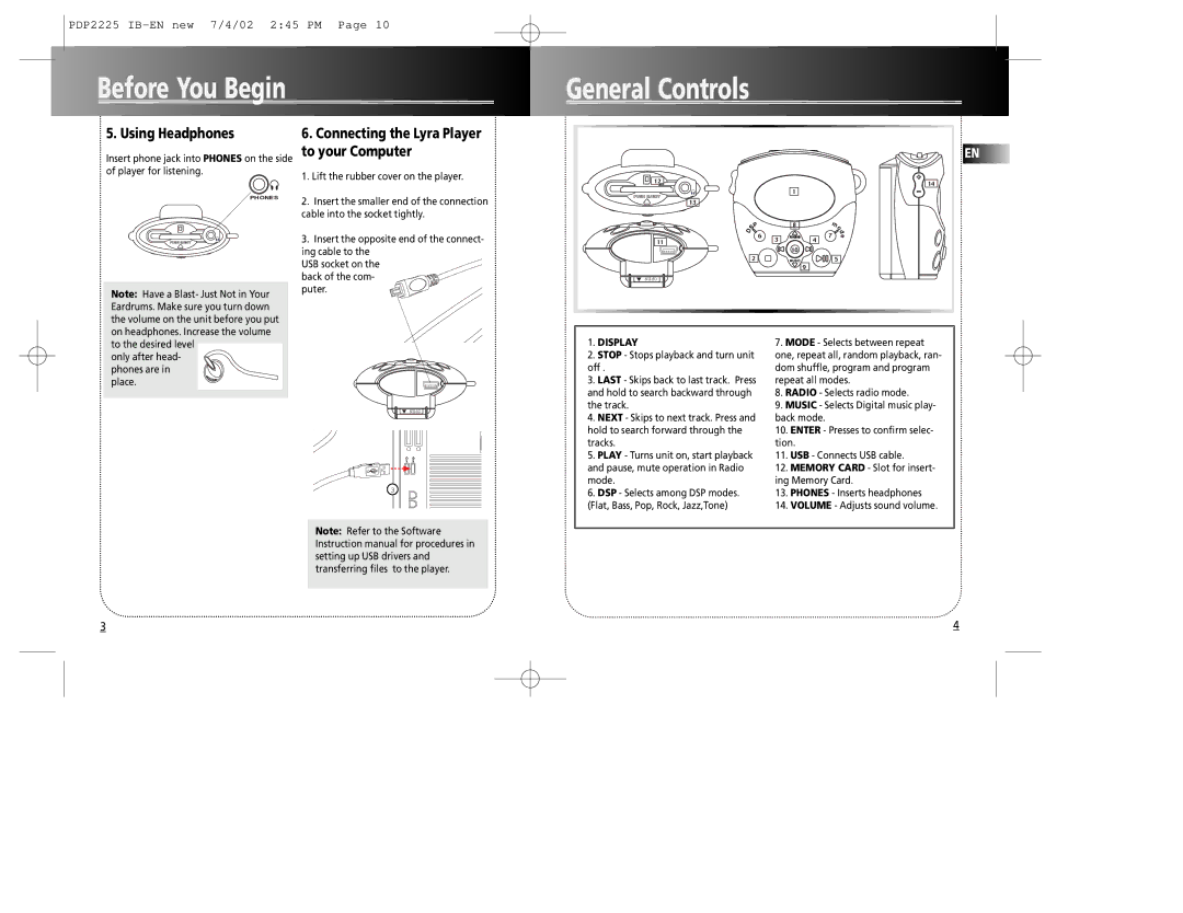 Technicolor - Thomson PDP2225 manual Before You Begin General Controls, Using Headphones 