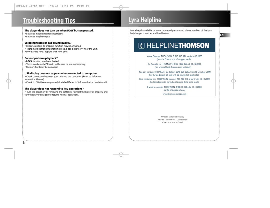 Technicolor - Thomson PDP2225 manual Troubleshooting Tips, Lyra Helpline 