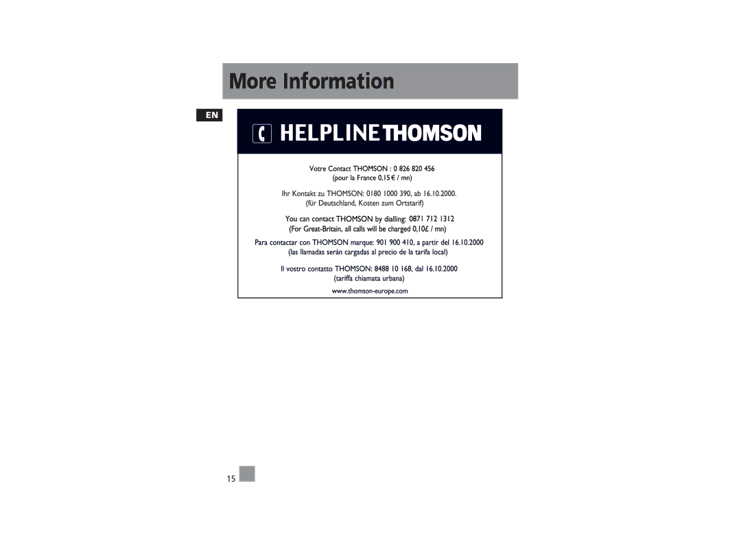 Technicolor - Thomson PDP2256K, PDP2262K, PDP22G1K user manual More Information 