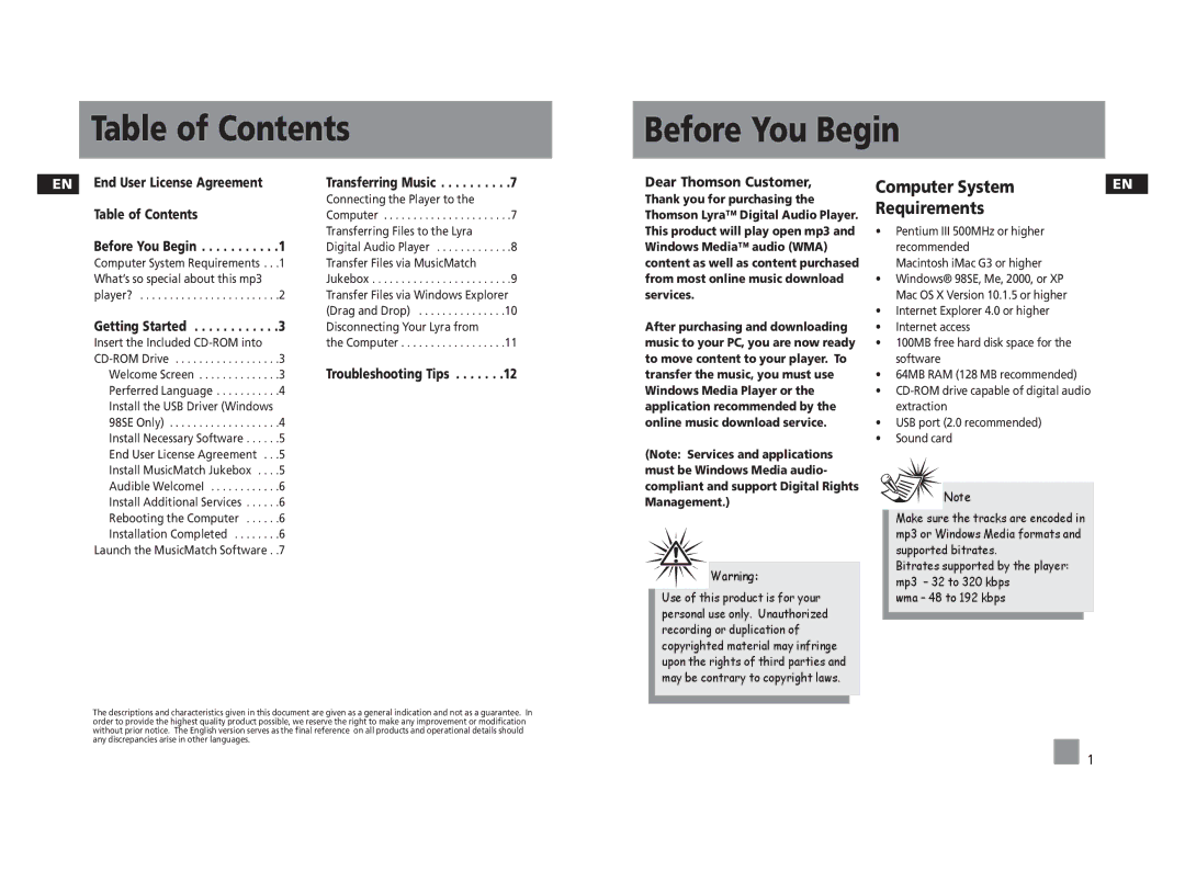 Technicolor - Thomson PDP2262K, PDP2256K, PDP22G1K user manual Table of Contents Before You Begin 