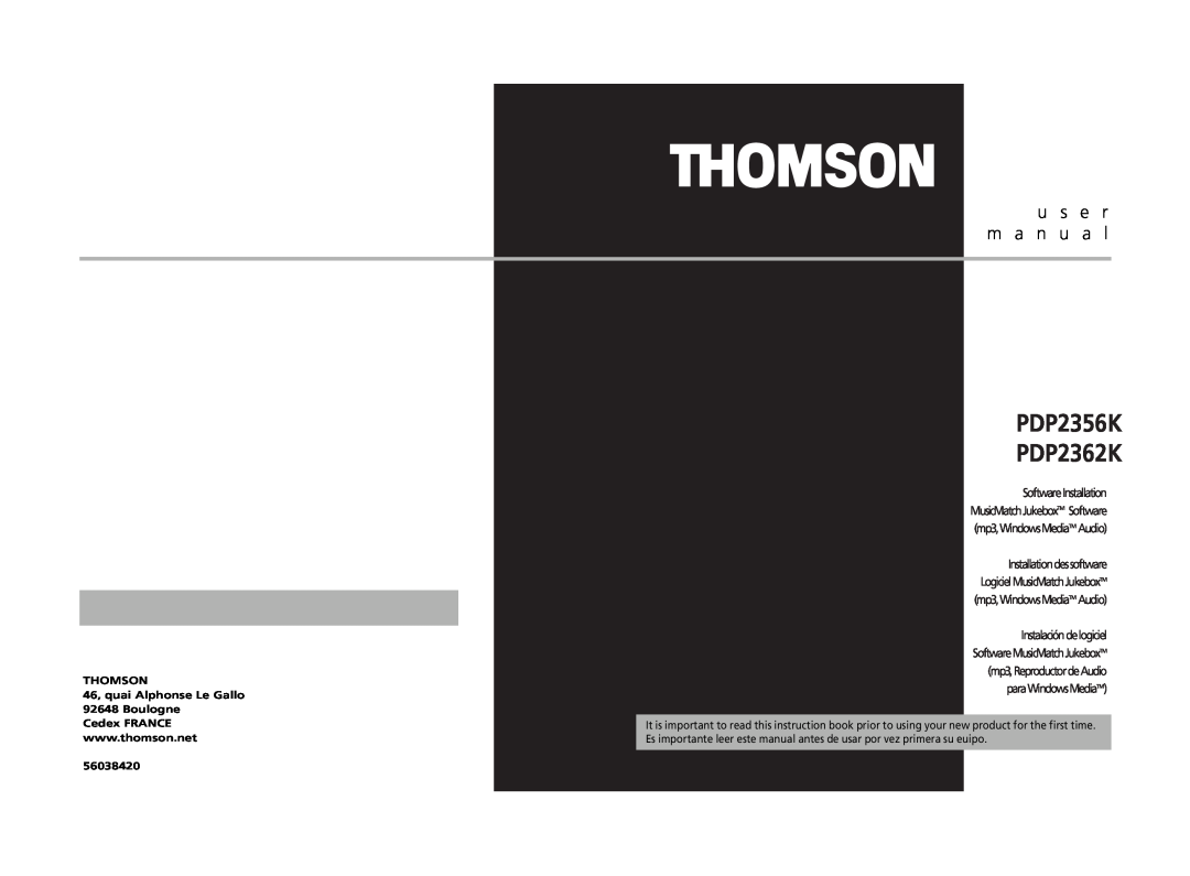 Technicolor - Thomson PDP2362K user manual u s e r m a n u a l, THOMSON 46, quai Alphonse Le Gallo 92648 Boulogne 