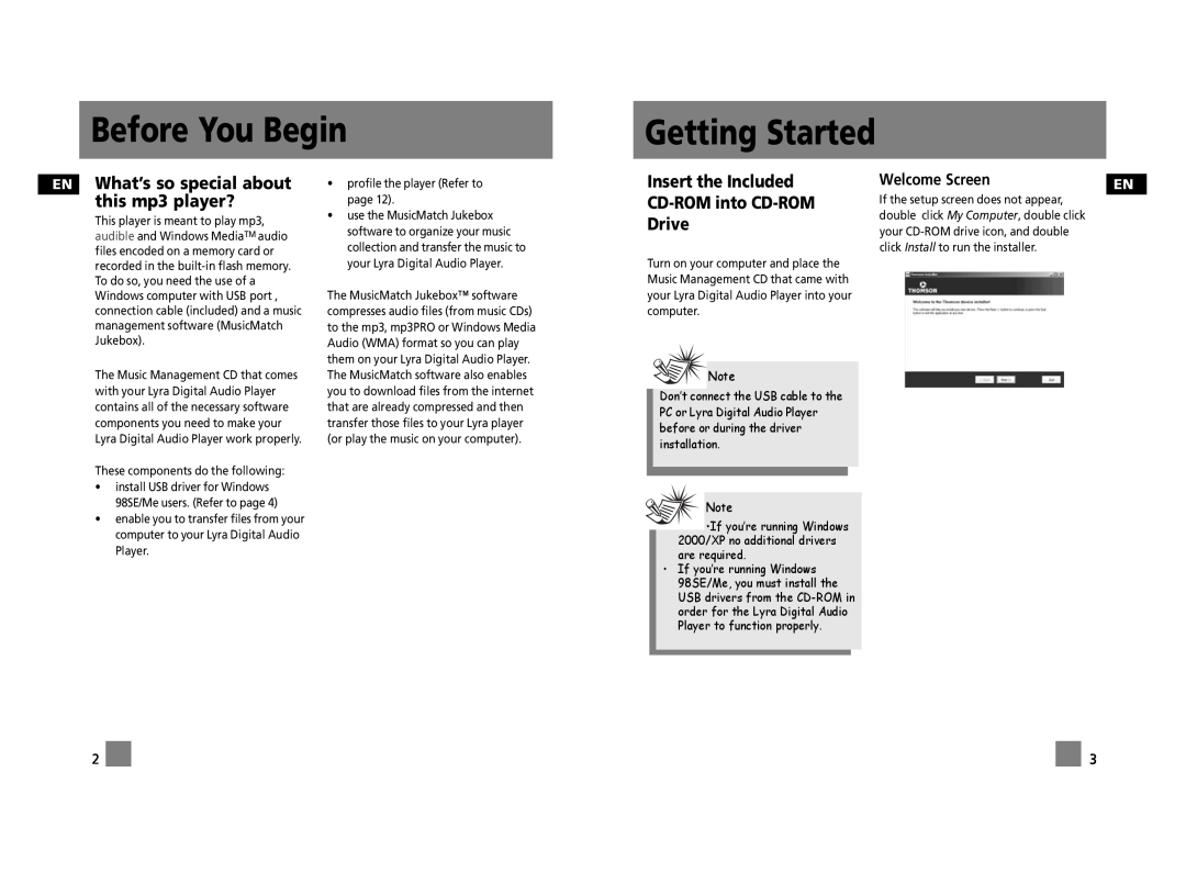 Technicolor - Thomson PDP2356K, PDP2362K Getting Started, EN What’s so special about this mp3 player?, Welcome Screen 