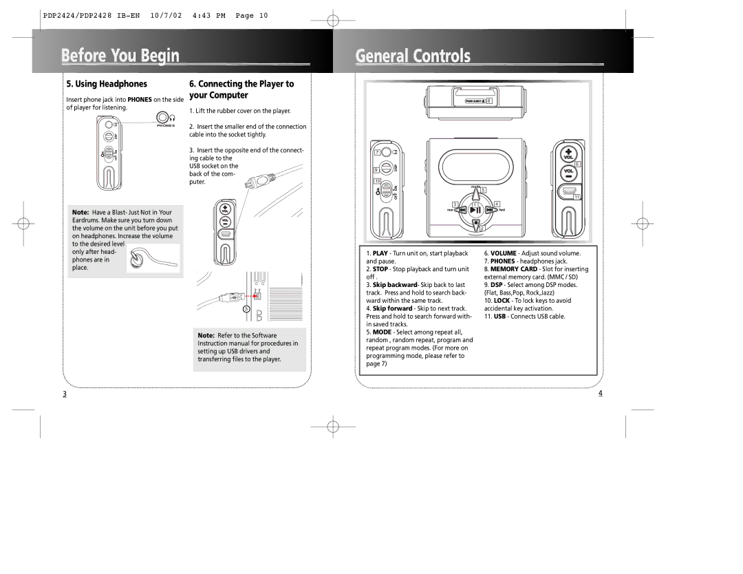 Technicolor - Thomson PDP2424 Before You Begin General Controls, Using Headphones, Connecting the Player to your Computer 