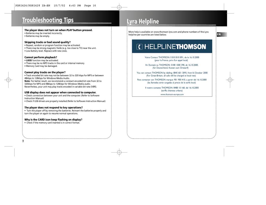 Technicolor - Thomson PDP2428, PDP2424 manual Troubleshooting Tips, Lyra Helpline 