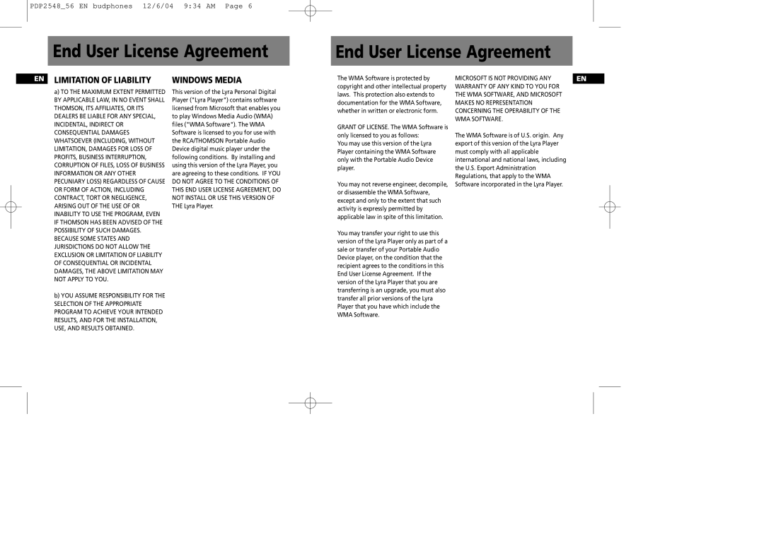 Technicolor - Thomson PDP2548 user service Limitation of Liability Windows Media, WMA Software 