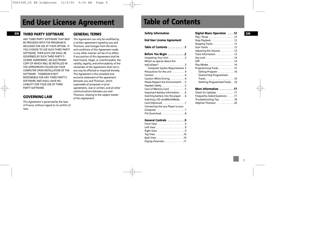 Technicolor - Thomson PDP2548 user service End User License Agreement Table of Contents 