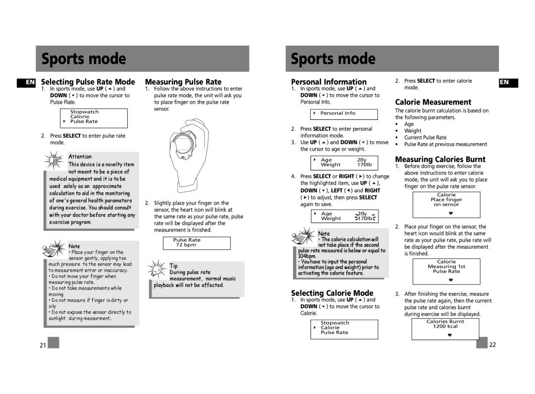 Technicolor - Thomson PDP2656S user manual EN Selecting Pulse Rate Mode, Measuring Pulse Rate, Personal Information 