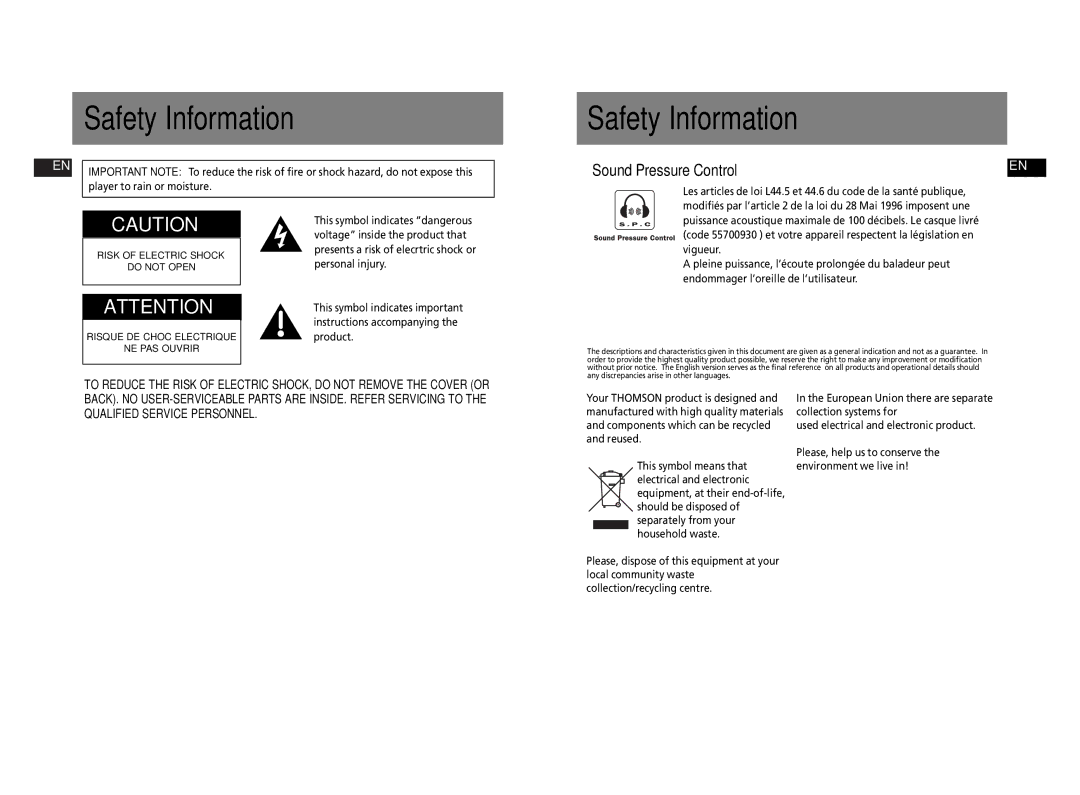 Technicolor - Thomson PDP2656S user manual Safety Information, Sound Pressure Control 