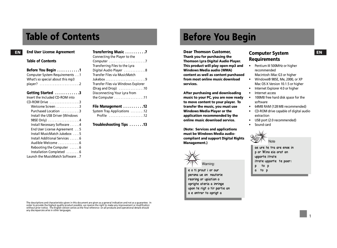 Technicolor - Thomson PDP2656S user manual Table of Contents Before You Begin 