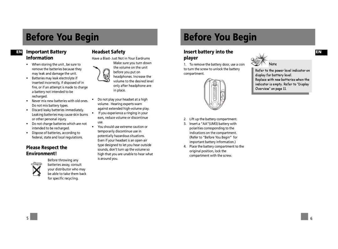 Technicolor - Thomson PDP2656S user manual EN Important Battery Information, Please Respect Environment, Headset Safety 