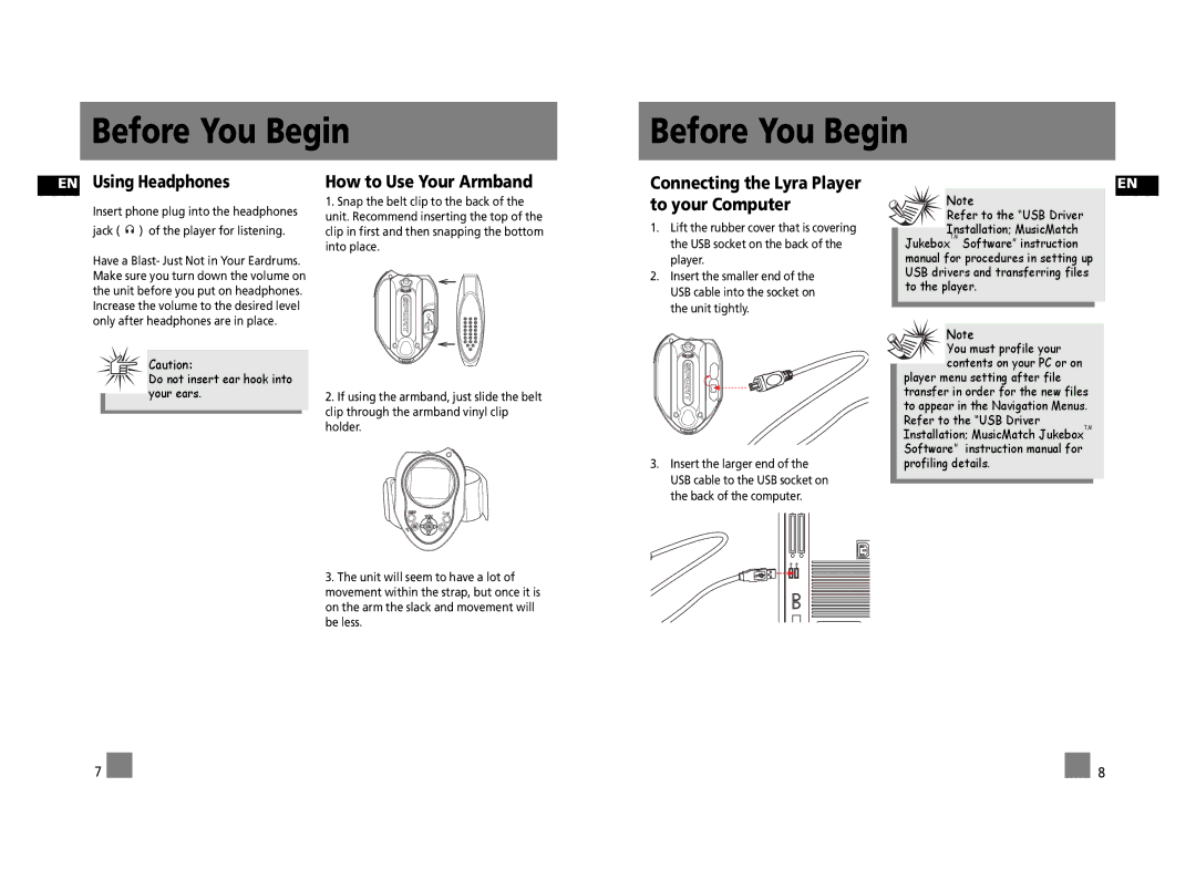Technicolor - Thomson PDP2656S EN Using Headphones, How to Use Your Armband, Connecting the Lyra Player to your Computer 