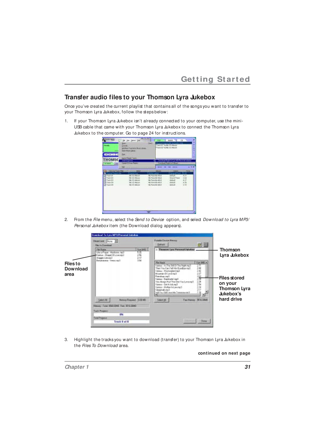 Technicolor - Thomson PDP2800 manual Transfer audio files to your Thomson Lyra Jukebox 