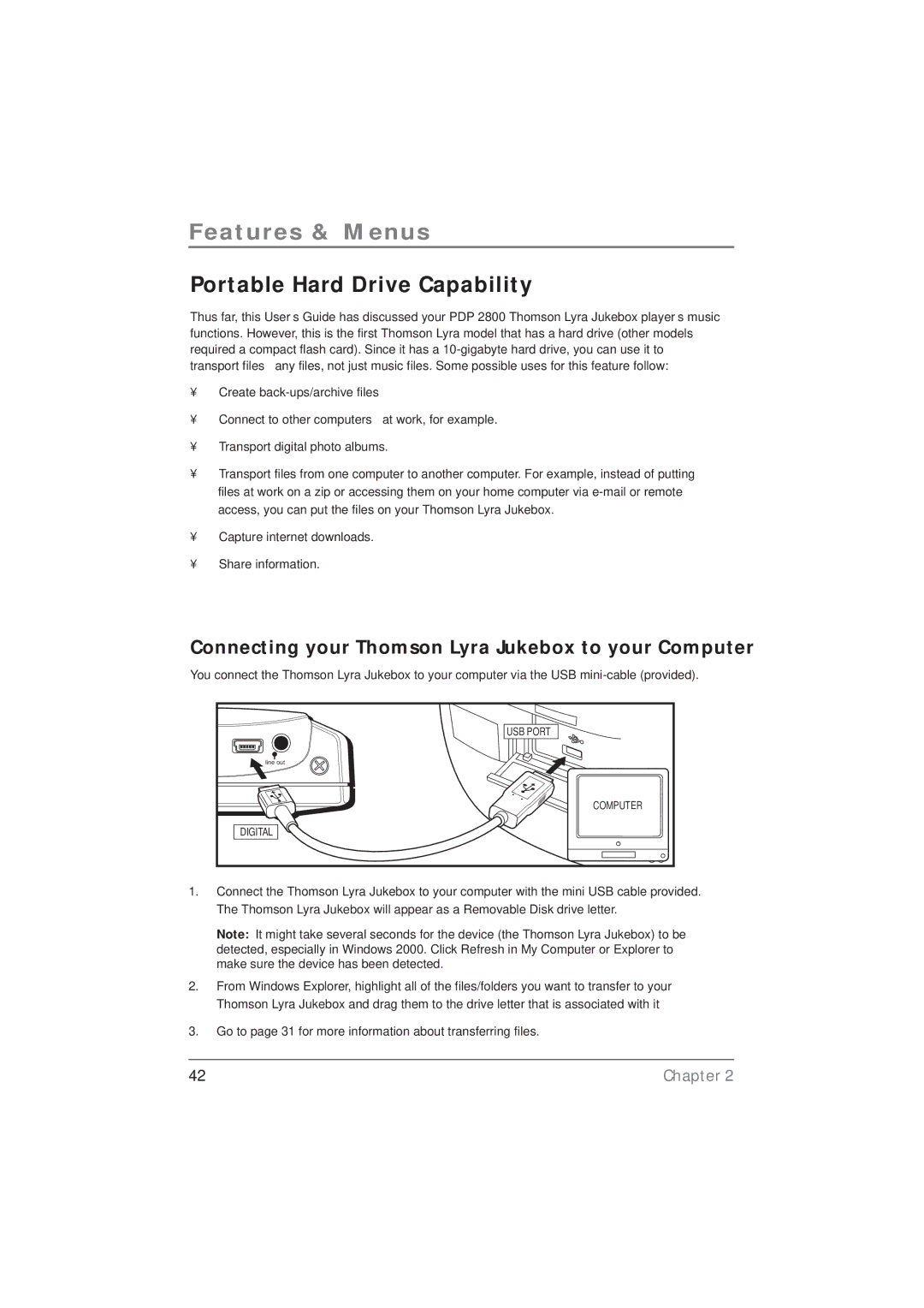 Technicolor - Thomson PDP2800 manual Portable Hard Drive Capability, Connecting your Thomson Lyra Jukebox to your Computer 
