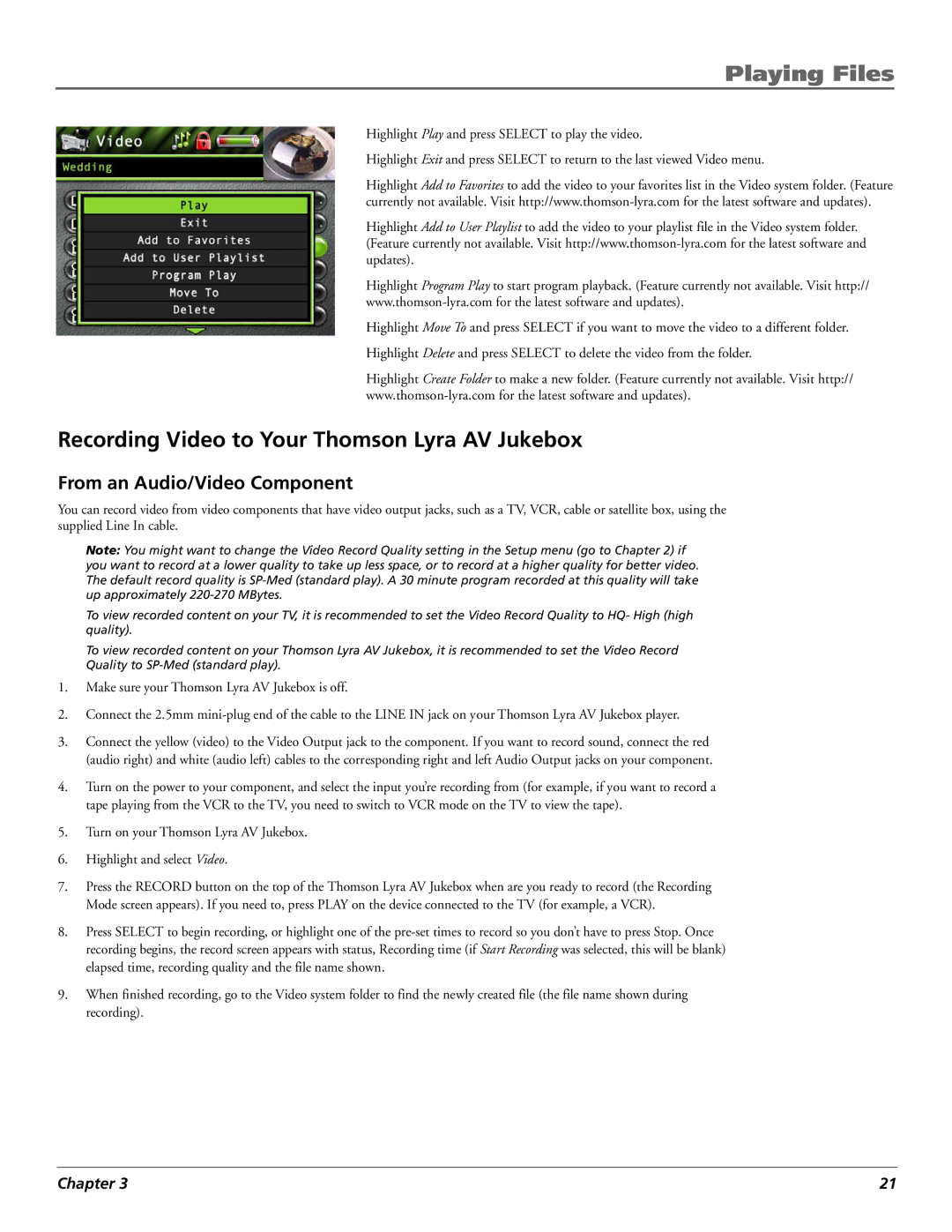 Technicolor - Thomson PDP2860 manual Recording Video to Your Thomson Lyra AV Jukebox, From an Audio/Video Component 