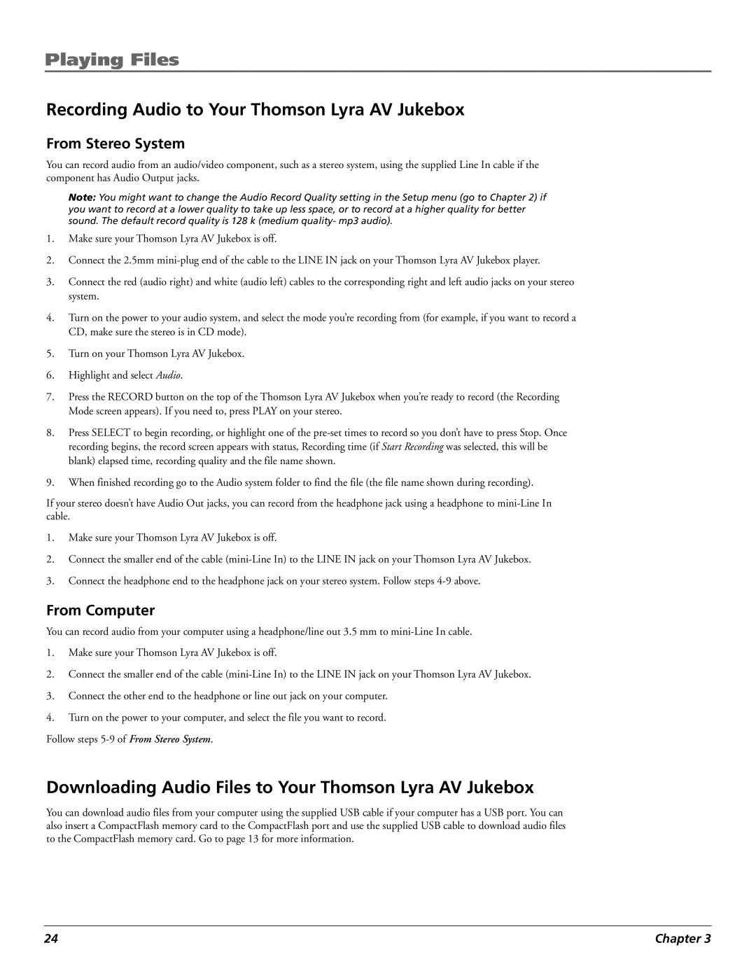 Technicolor - Thomson PDP2860 manual Recording Audio to Your Thomson Lyra AV Jukebox, From Stereo System 