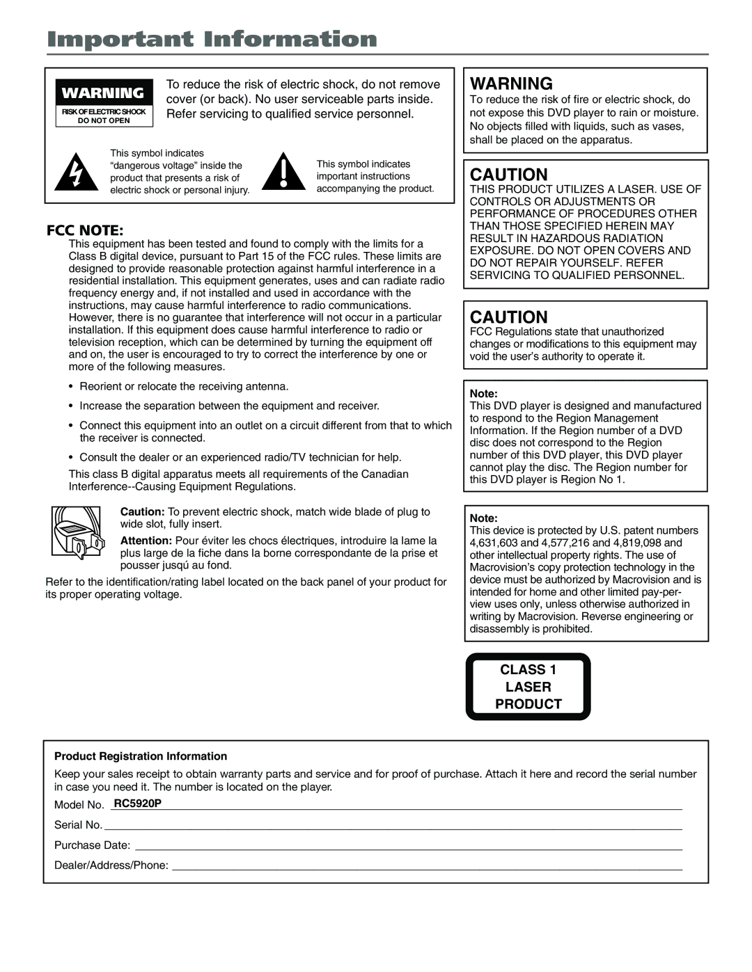 Technicolor - Thomson RC5920P manual Important Information, Refer servicing to qualified service personnel 