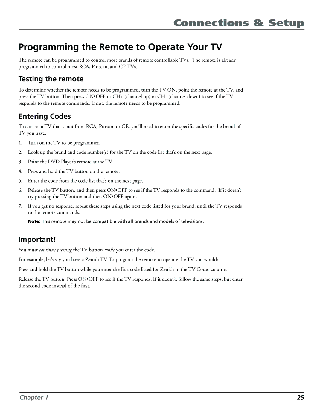 Technicolor - Thomson RC5920P manual Programming the Remote to Operate Your TV, Testing the remote, Entering Codes 