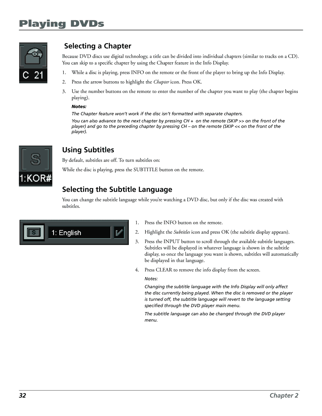 Technicolor - Thomson RC5920P manual Selecting a Chapter, Using Subtitles, Selecting the Subtitle Language 