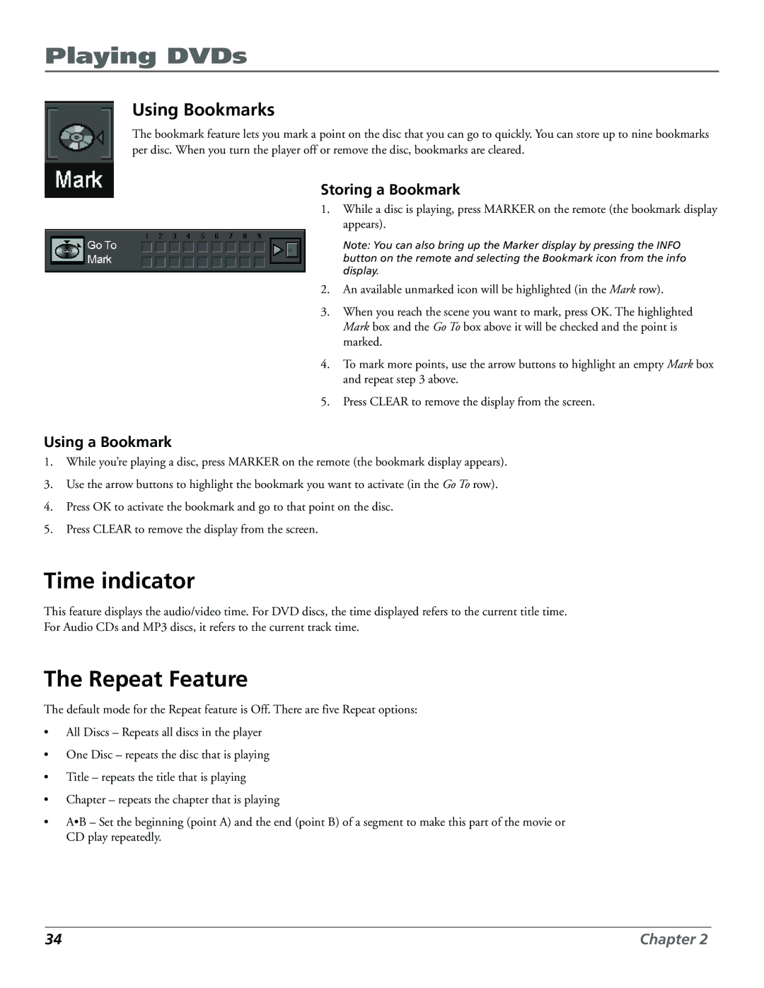 Technicolor - Thomson RC5920P manual Time indicator, Repeat Feature, Using Bookmarks, Storing a Bookmark, Using a Bookmark 