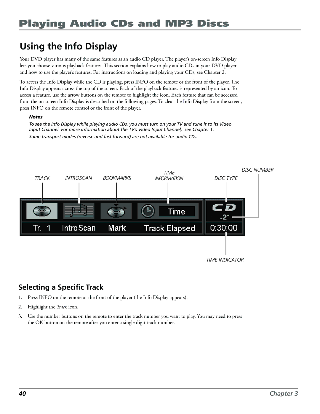 Technicolor - Thomson RC5920P manual Playing Audio CDs and MP3 Discs, Using the Info Display, Selecting a Specific Track 