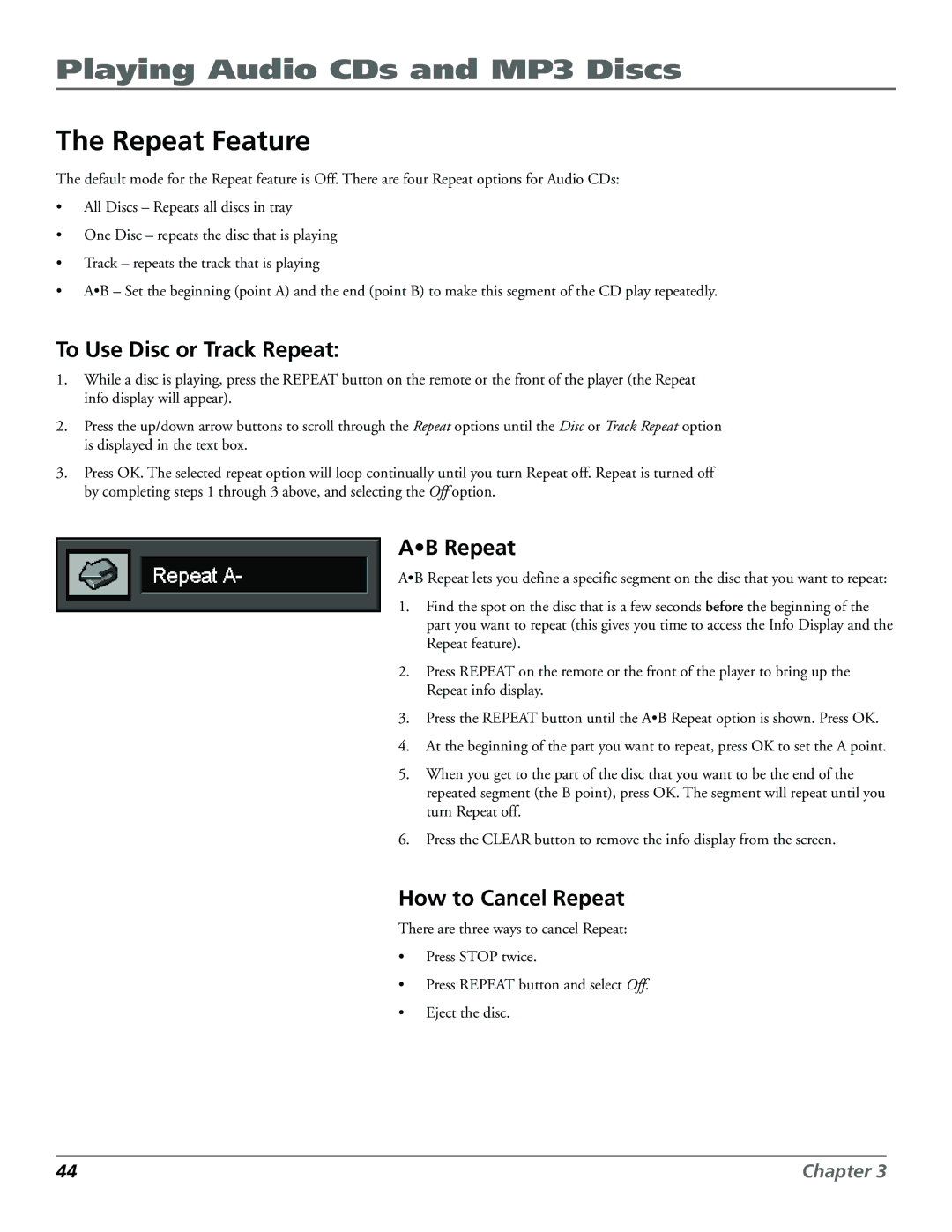 Technicolor - Thomson RC5920P manual To Use Disc or Track Repeat, AB Repeat, How to Cancel Repeat 