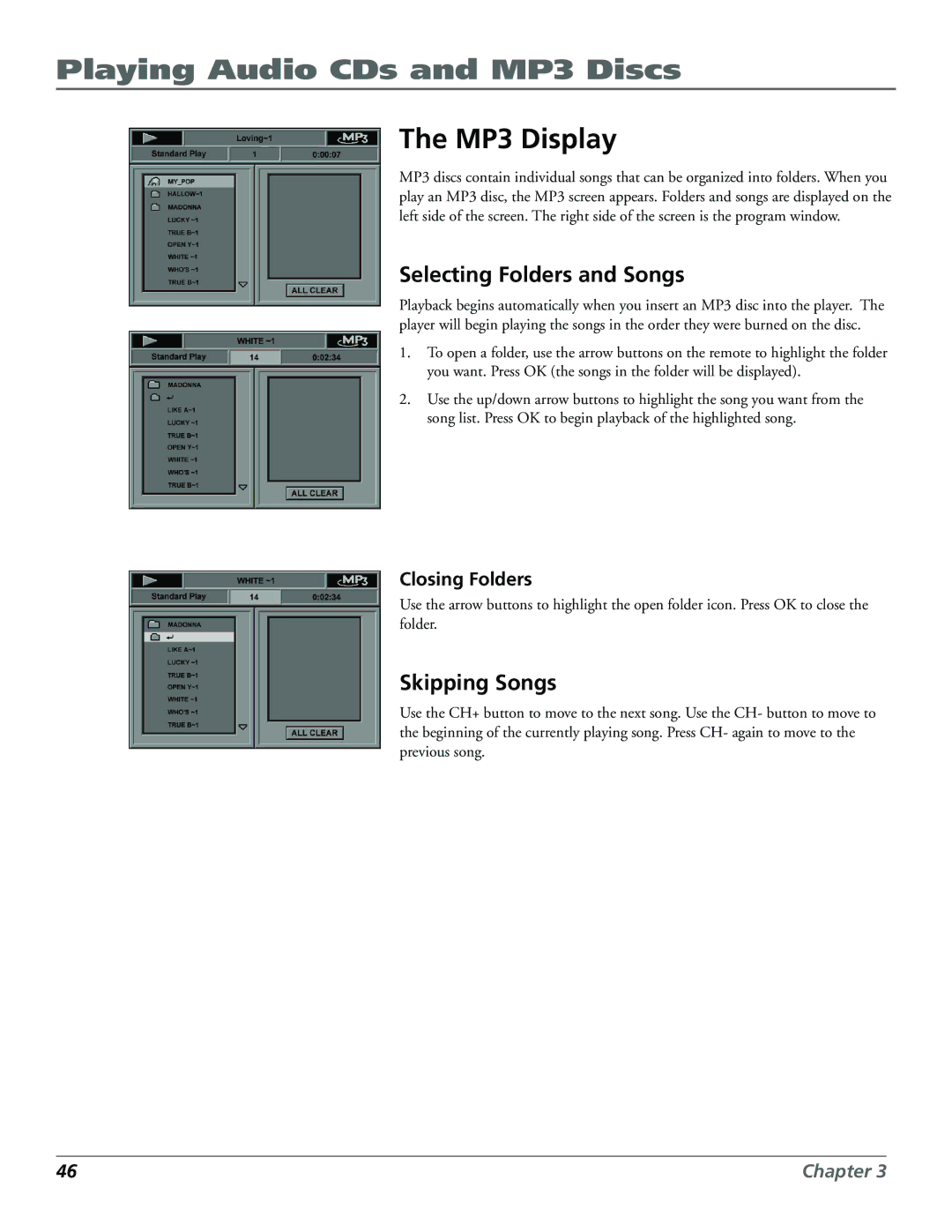 Technicolor - Thomson RC5920P manual MP3 Display, Selecting Folders and Songs, Skipping Songs, Closing Folders 