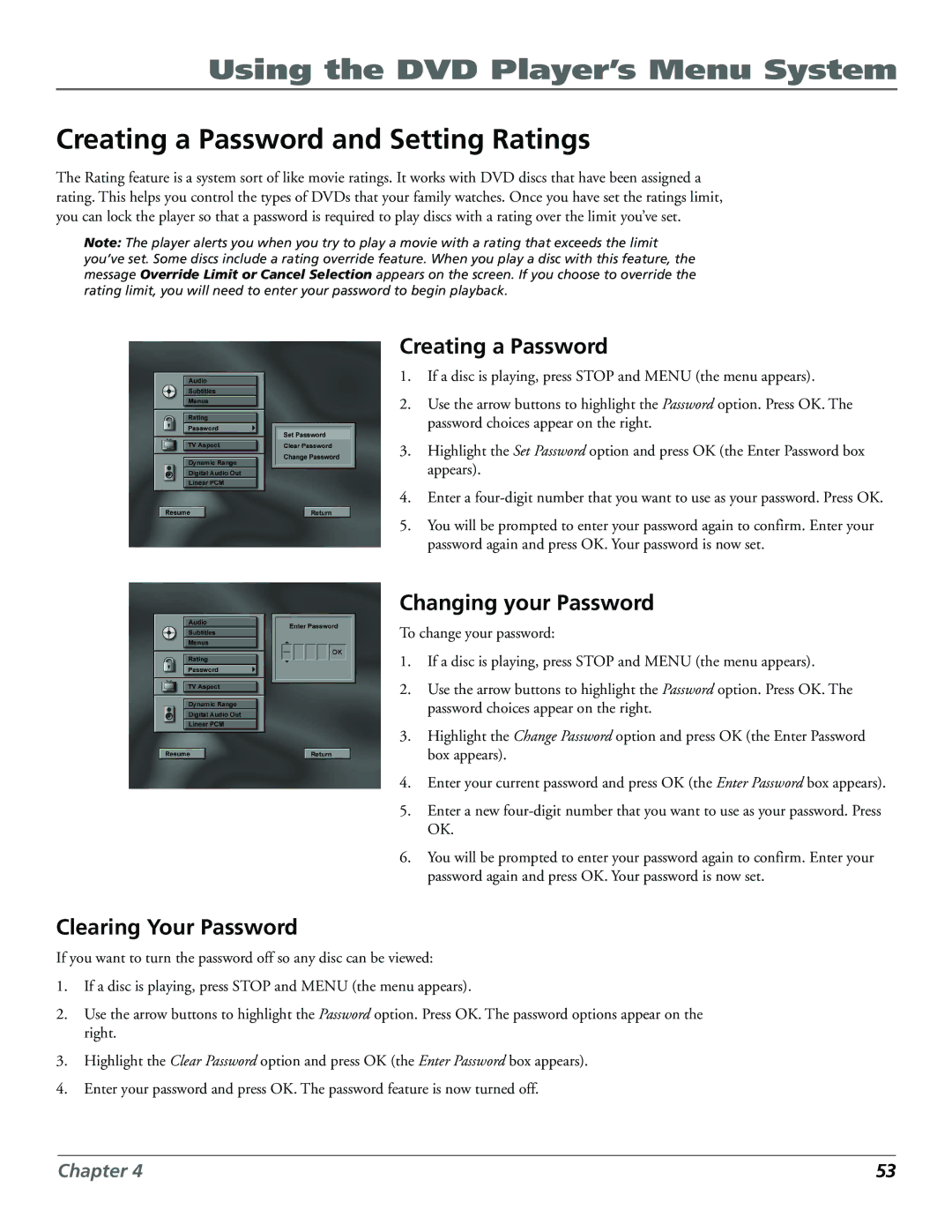 Technicolor - Thomson RC5920P Creating a Password and Setting Ratings, Changing your Password, Clearing Your Password 