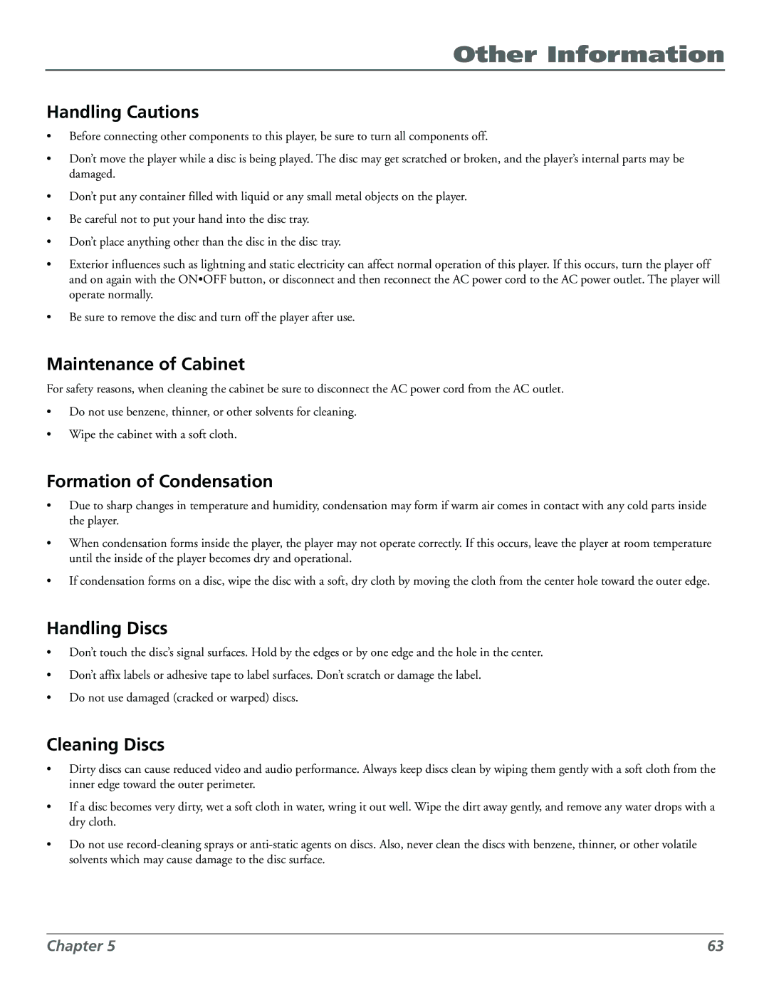 Technicolor - Thomson RC5920P manual Handling Cautions, Maintenance of Cabinet, Formation of Condensation, Handling Discs 