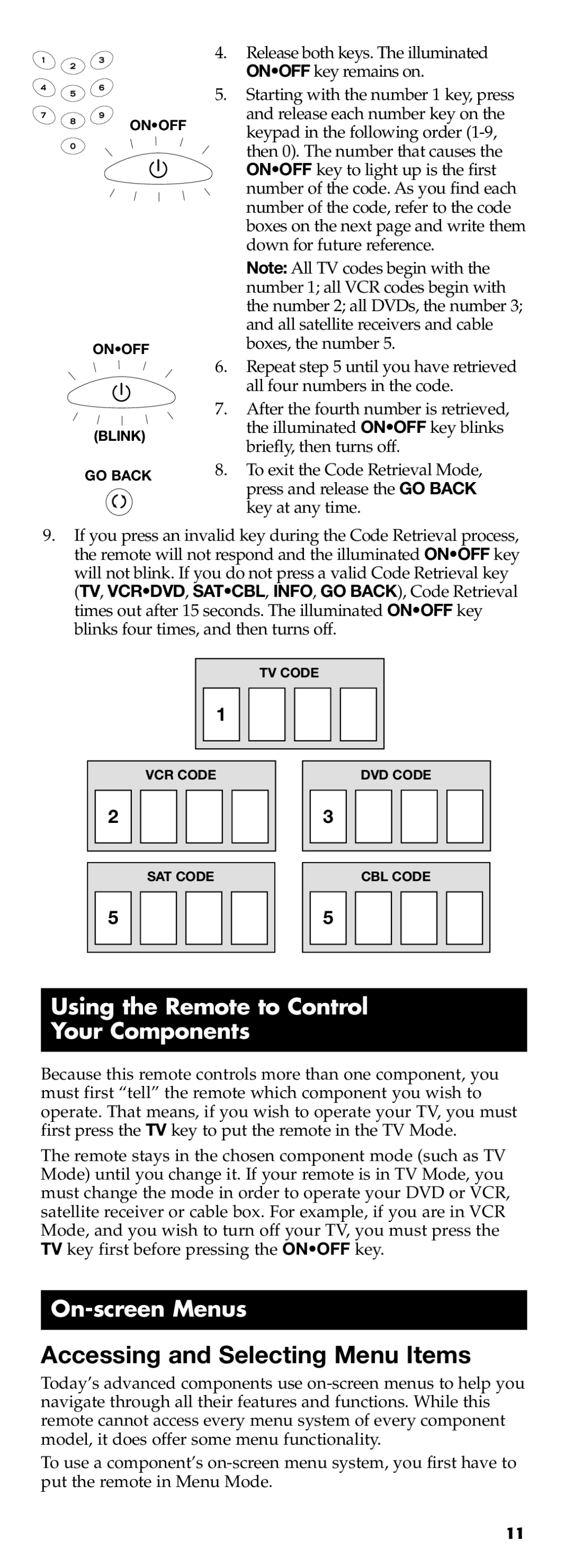 Technicolor - Thomson RCR311B manual Using the Remote to Control Your Components, On-screen Menus 