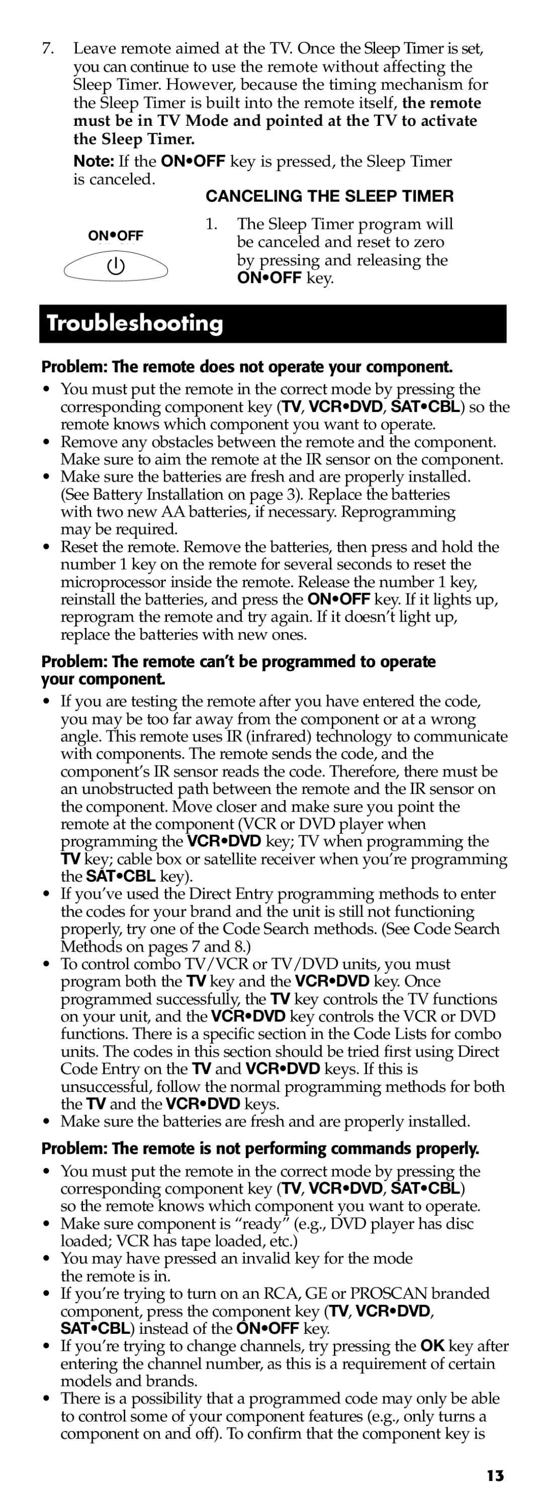 Technicolor - Thomson RCR311B manual Troubleshooting, Problem The remote does not operate your component 