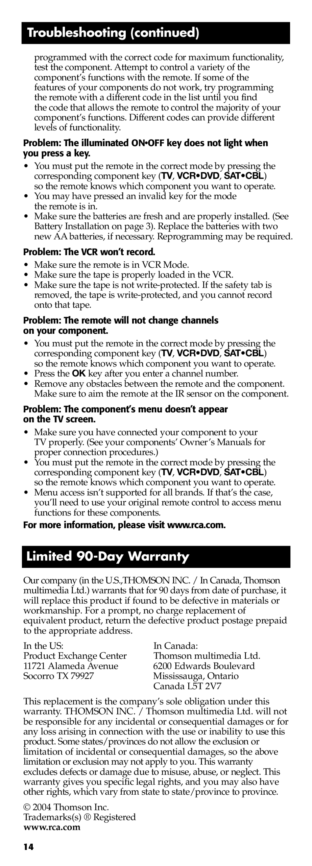 Technicolor - Thomson RCR311B manual Limited 90-Day Warranty, Problem The VCR won’t record 