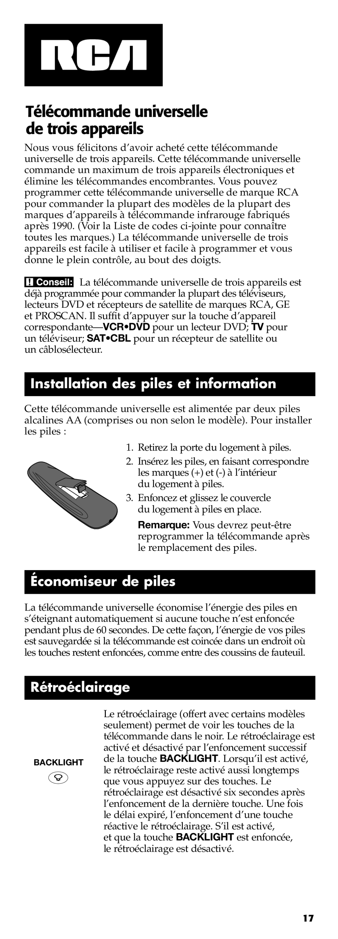 Technicolor - Thomson RCR311B manual Installation des piles et information, Économiseur de piles, Rétroéclairage 