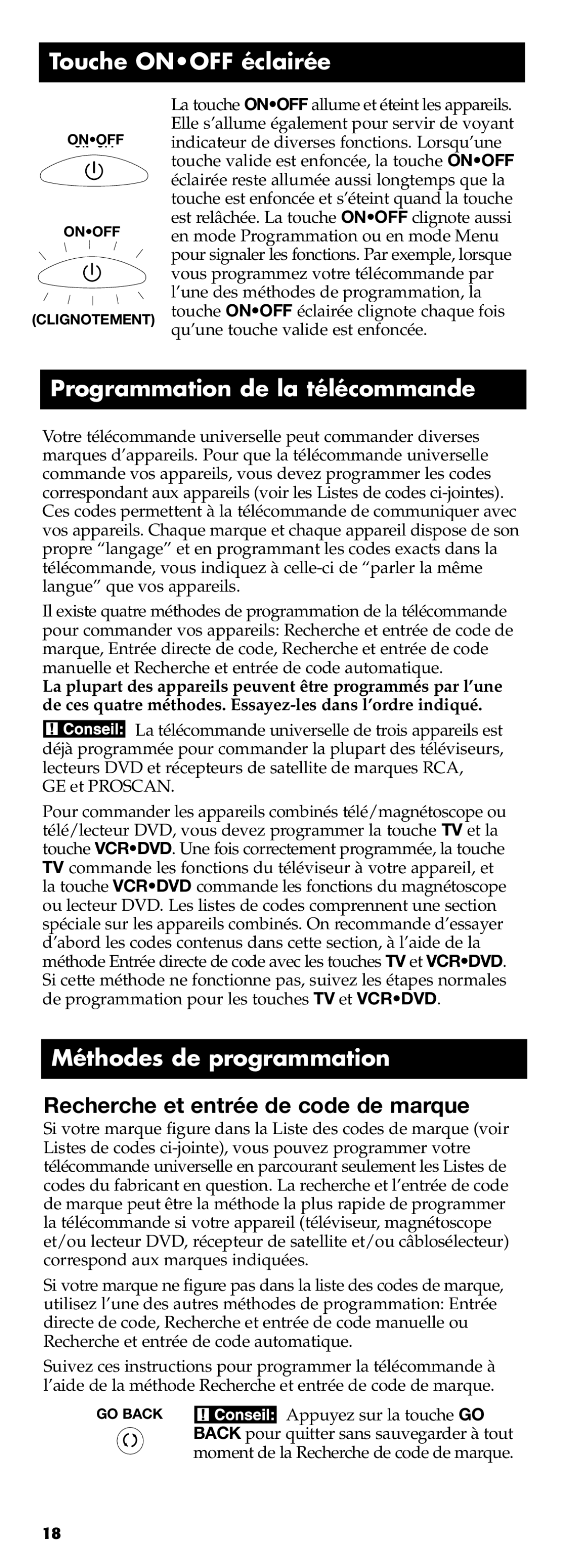 Technicolor - Thomson RCR311B manual Touche Onoff éclairée, Programmation de la télécommande, Méthodes de programmation 